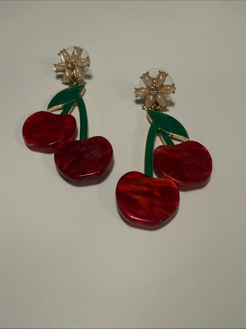 BaubleBar Red Cherry Drop Earrings with Green Stems and Pearl Flower Studs